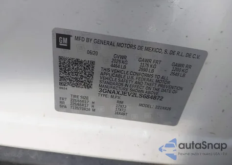 2020 Chevrolet Equinox Fwd 2Fl from USA, damaged, VIN 3GNAXJEV2LS684872